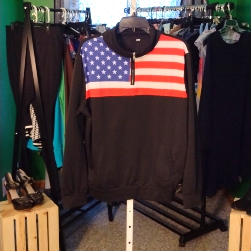 Black, patriotic zip, long sleeve shirt, size 2x.